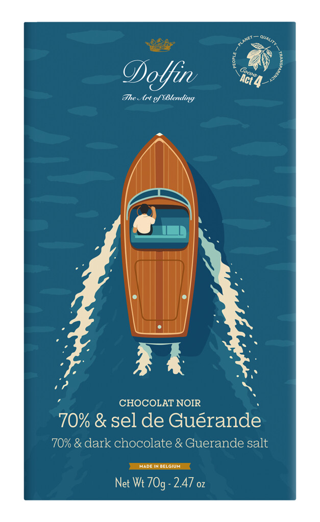 Tablet, pure chocolade 70% en Guerande-zout, Summer, Summer Edition, pure chocolade 70% en Guerande-zout, Dolfin - 70 g - Deel