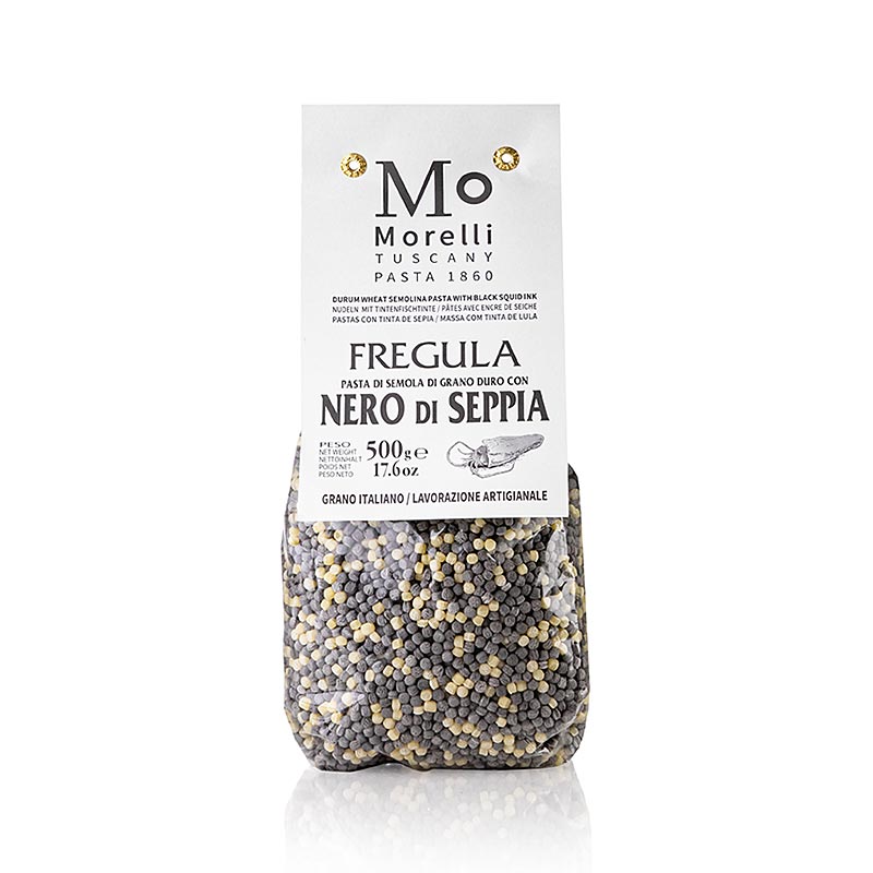 Pasta Fregula (Fregola) Nero di Seppia (kalmarimusteella) Morelli 1860 - 500 grammaa - laukku