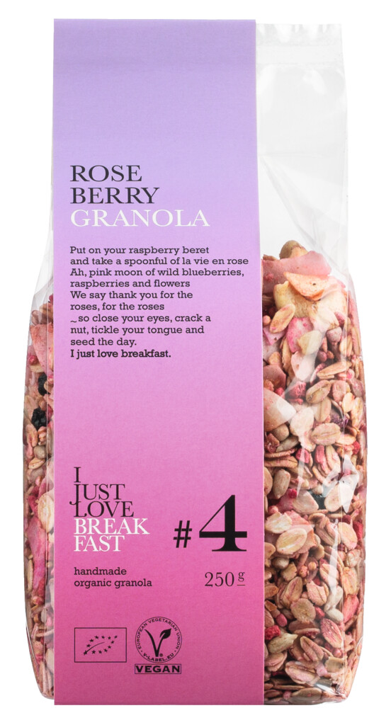 Nr. 4 Granola me manaferra dhe trendafil, organike, musli krokante me manaferra dhe petale trendafili, organike, I Just Love Breakfast - 250 g - pako