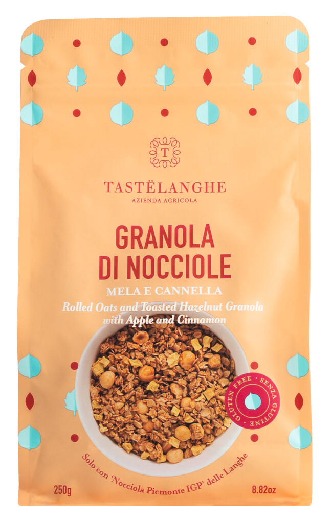 Granola nocciola, mela e cannella, Muesli crujiente con avellanas, manzana y canela, Azienda Agricola TasteLanghe - 250 gramos - embalar