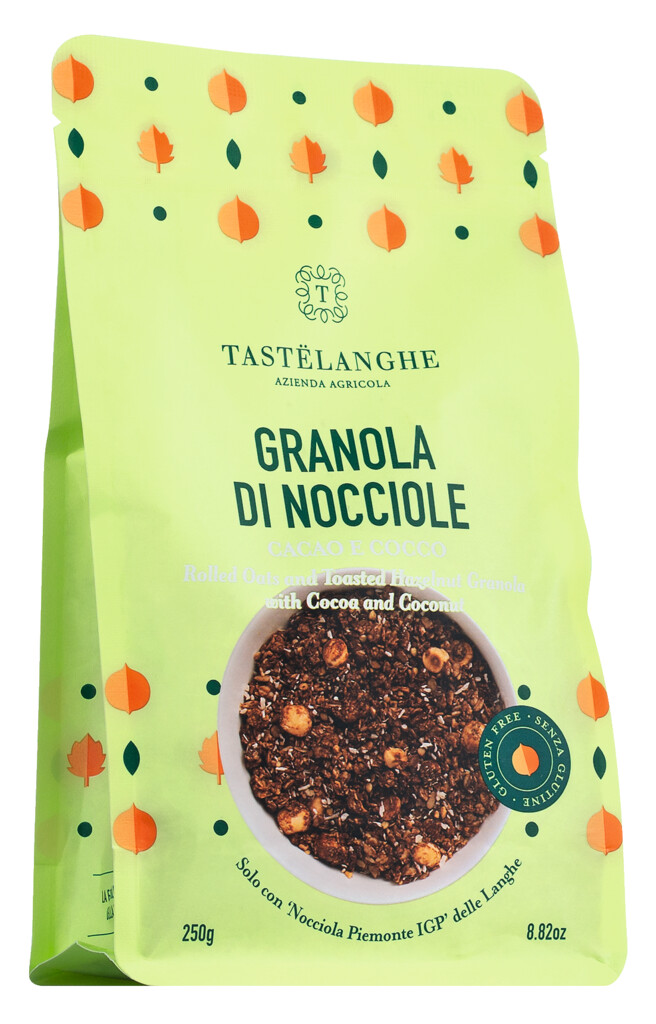 Granola nocciola, kakao a cocco, Chrumkave musli s lieskovymi orieskami, kakaom a kokosom, Azienda Agricola TasteLanghe - 250 g - balenie