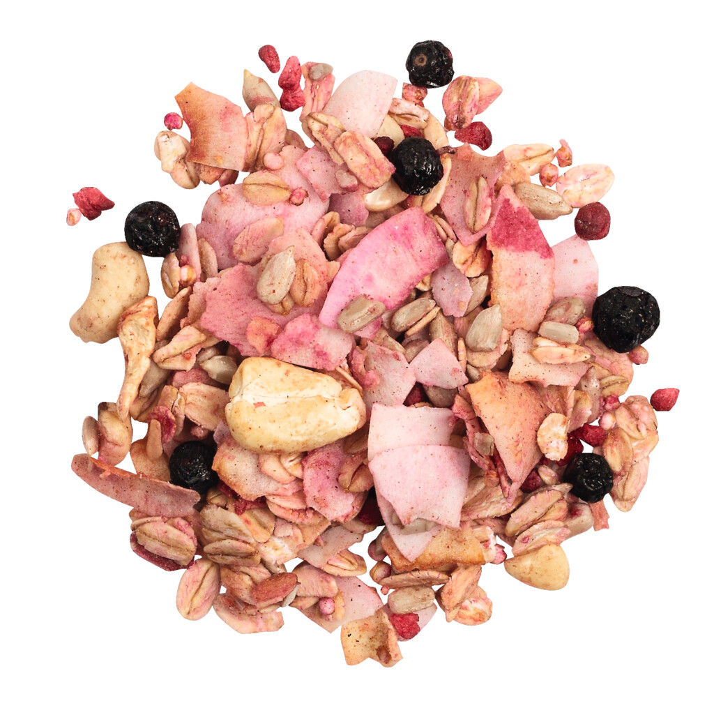 Granola n 4 com Rosa e Frutas Vermelhas, organica, granola crocante com frutas vermelhas e petalas de rosa, organica, Eu Simplesmente Amo Cafe da Manha - 250 g - pacote