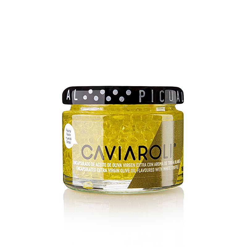 Caviar d`oli d`oliva Caviaroli®, petites perles d`oli d`oliva amb aroma de tofona blanca - 50 g - Vidre