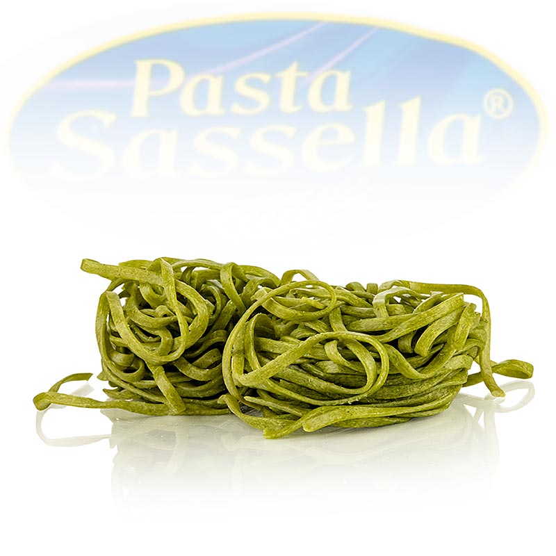 Tagliarini proaspete cu spanac, verde, tagliatelle, 3mm, Pasta Sassella - 500 g - sac