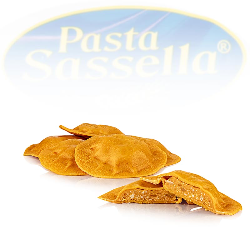 Agnolotti freschi ripieni di pomodoro e mozzarella, rotondi e rossi, Pasta Sassella - 500 g - borsa