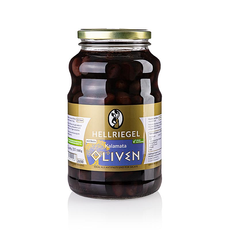 Mustat oliivit, kivettomina, Kalamata - Erittain suuret oliivit, suolavedessa, Jardinelle - 2,6 kg - Lasi