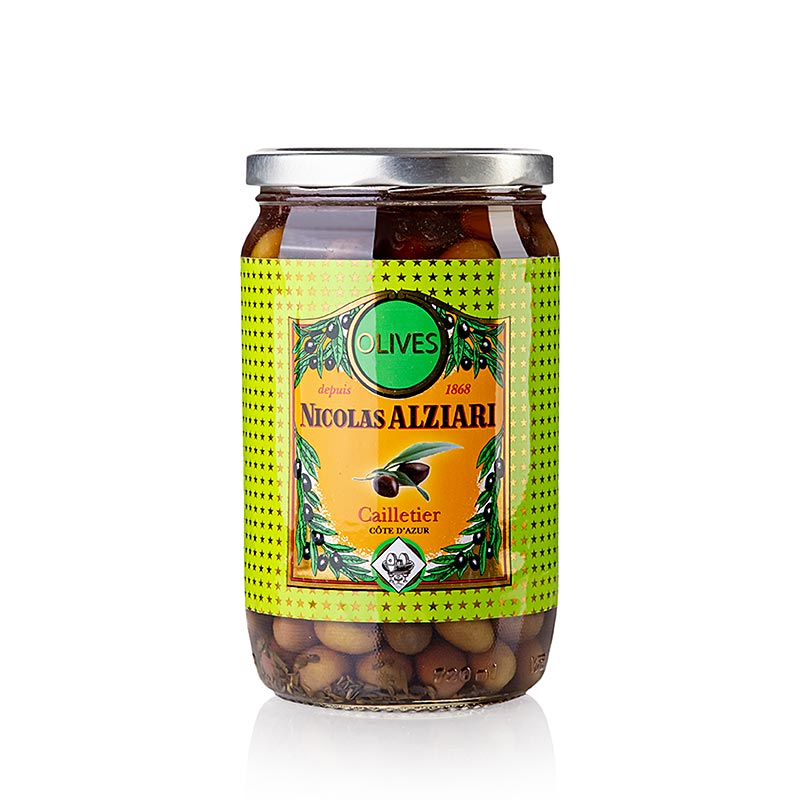 Mistura de azeitonas, Cailletier verde e preta, com caroco, em conserva, Alziari - 480g - Vidro