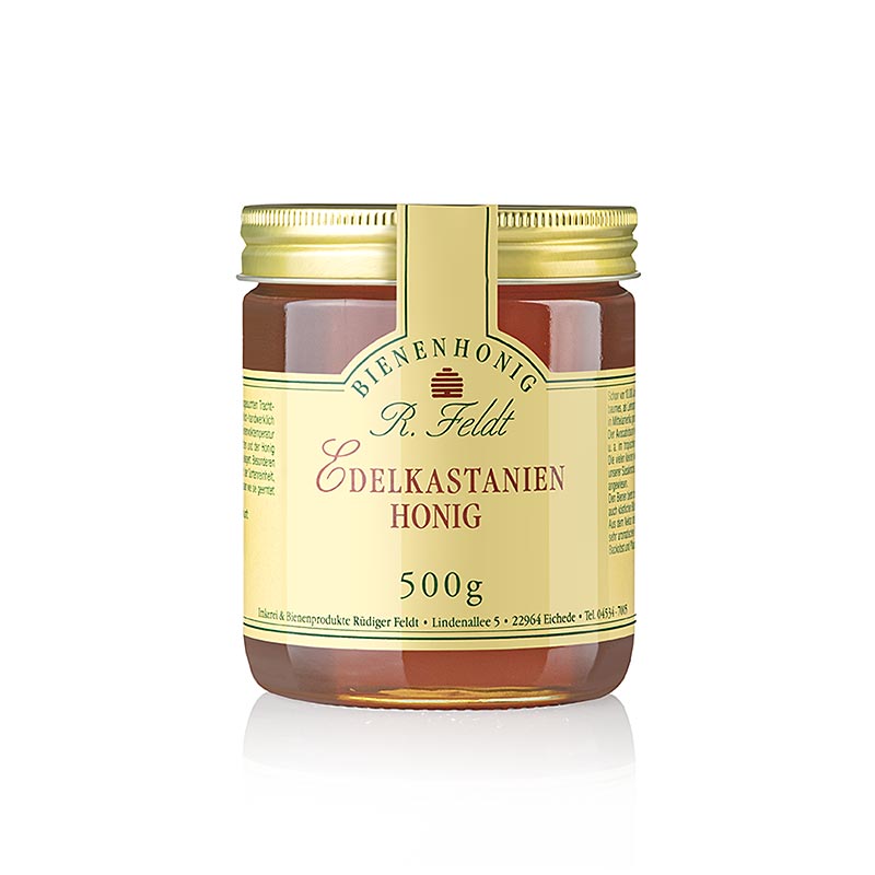 Kastanjehoning, Italie, middelbruin, vloeibaar, bitterzoet, Feldt Imkerij - 500g - Glas