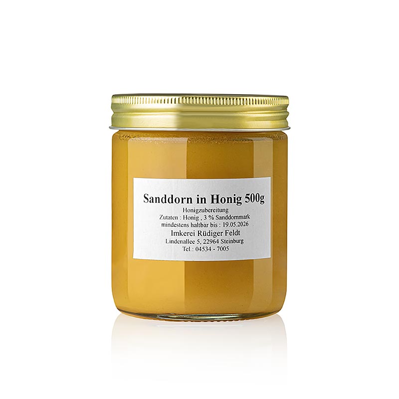 Olivello spinoso nel miele, armonioso, delicato - fruttato, Feldt Beekeeping - 500 g - Bicchiere