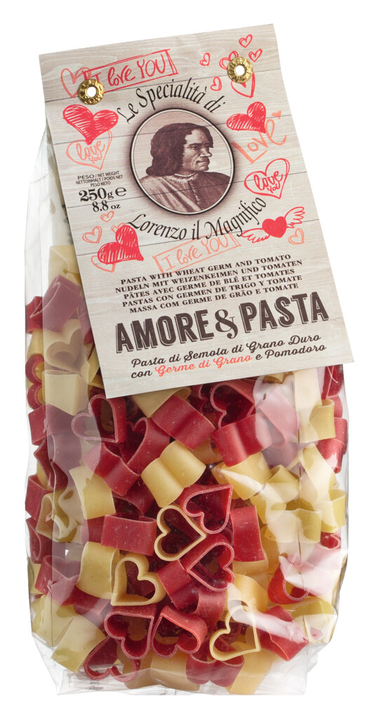 Cuori pomodoro e germe di grano, farverig durumhvede semuljepasta i hjerteform, Lorenzo il Magnifico - 250 g - taske