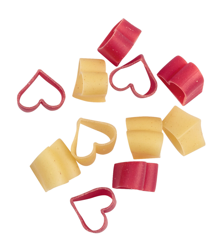 Cuori pomodoro e germe di grano, farverig durumhvede semuljepasta i hjerteform, Lorenzo il Magnifico - 250 g - taske