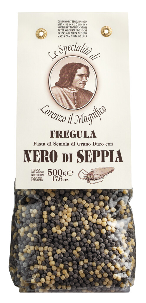 Fregola Nero di seppia, pasta laget av durumhvete semulegryn med blekksprutblekk, Lorenzo il Magnifico - 500 g - bag