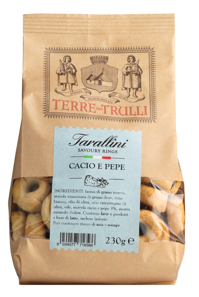 Tarallini Cacio e Pepe, galletas saladas con Cacio e Pepe, Terre dei Trulli - 230 gramos - bolsa