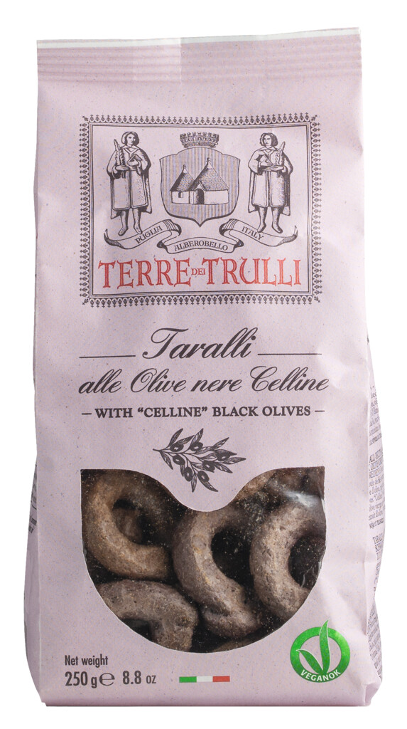 Taralli alle Olive nere Celline, velsmakende kjeks med svarte cellinoliven, Terre dei Trulli - 250 g - bag
