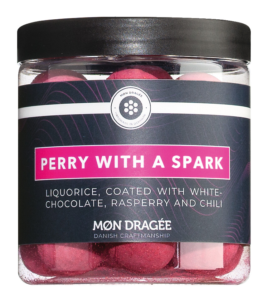 Perry with a Spark, permen licorice dalam cokelat putih dengan raspberry dan cabai, Mon Dragee - 150 g - Bagian