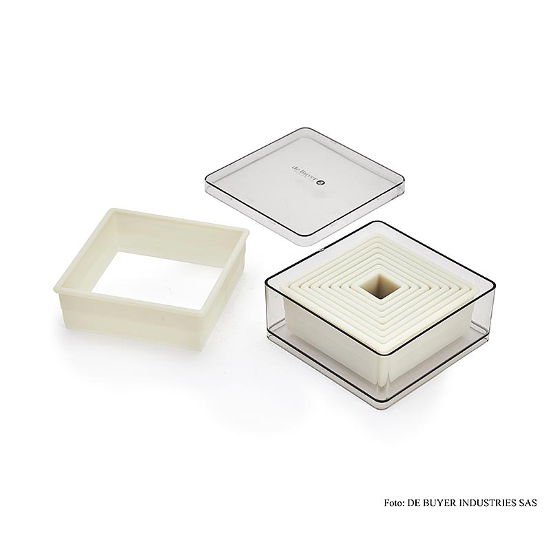 deBUYER cookie cutter, firkantet, plast, OE1,8 / 2,5 / 3,5 / 4,5 / 5,5 / 6,5 / 7,5 / 8,5 / 9,5 cm - 9 stykker - kan