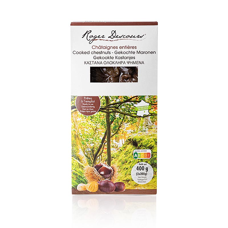 Castanas Roger Descours, enteras, peladas, cocidas, envasadas al vacio - 400 g, 2 x 200 g - Cartulina
