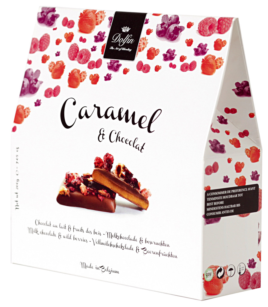 Caramel au beurre sale et fruits des bois, Gezouten boterkaramel met bessen, Dolfin - 200 g - pak Caramel au beurre sale et fruits des bois, Gezouten boterkaramel met bessen, Dolfin - 200 g - pak