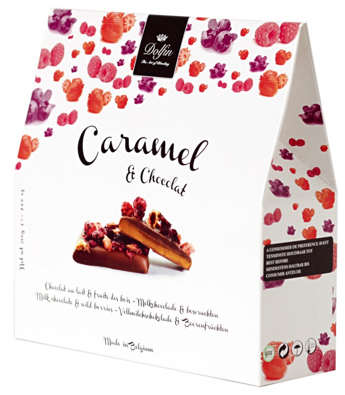 Caramel au Beurre sale et fruits des bois, saltet smørkaramel med bær, Dolfin - 200 g - pakke
