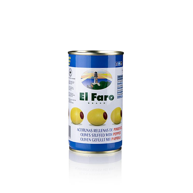 Olives verdes, sense pinyol, amb pasta de pebre vermell, en salmorra, El Faro - 350 g - llauna
