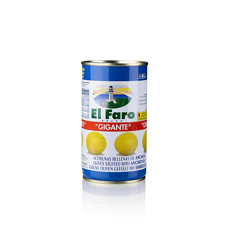 Green olives, with anchovies (anchovy stuffing) GIGANTE, in Lake, El Faro - 350 g - can