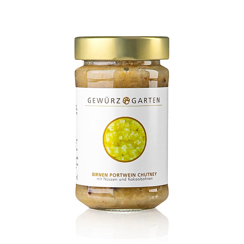 Spice Garden Pear Port Wine Chutney, jossa on pahkinoita, inkivaaria ja kaakaopapuja - 225 ml - Lasi