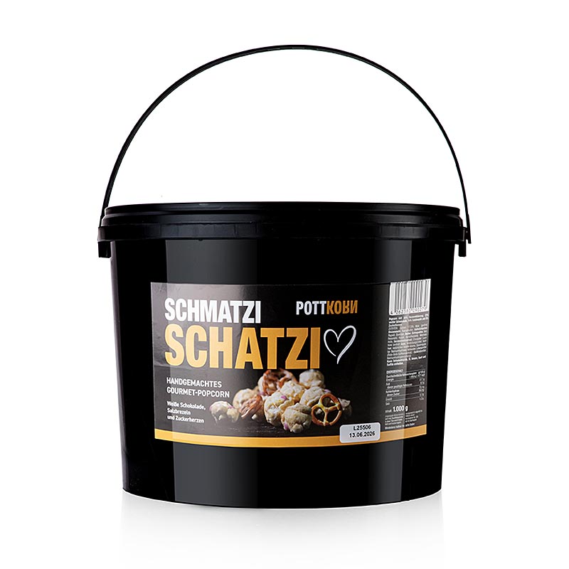 Pottkorn - Schmatzi voor lieverd, popcorn met witte chocolade, pretzel - 1 kg - Pe - emmer