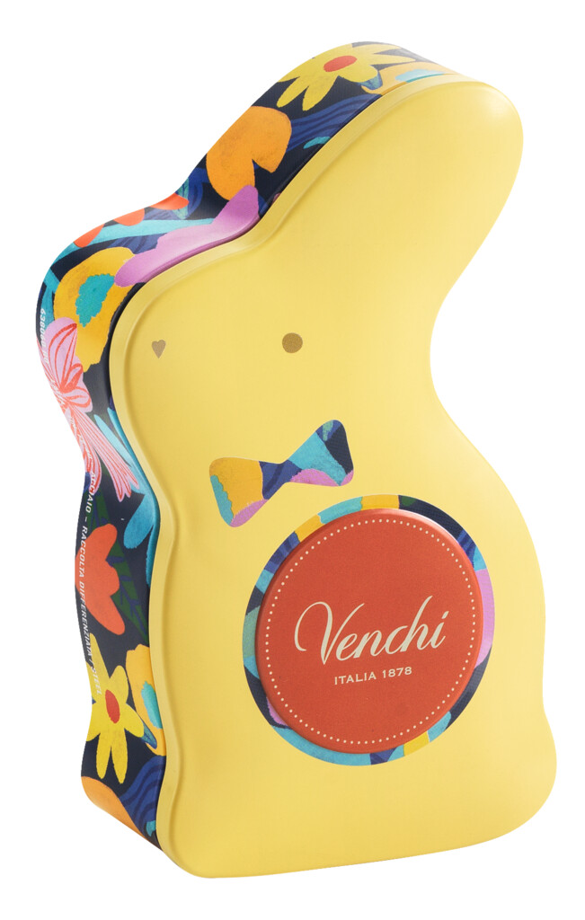 Boite en metal en forme de lapin, oeufs en chocolat noir et blanc, noisettes et noix, Venchi - 66 g - peut