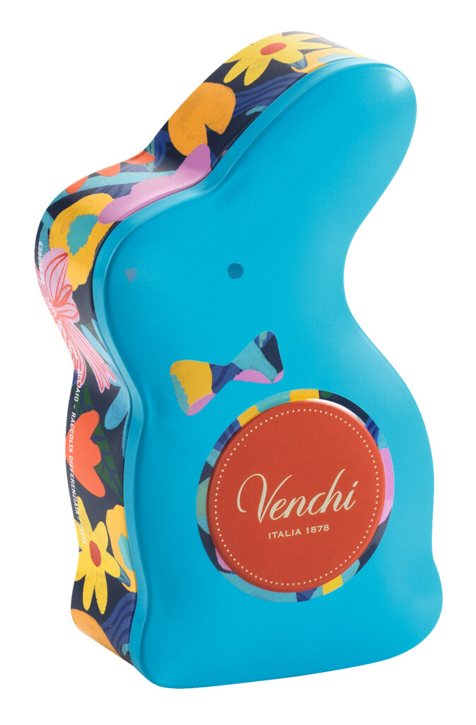 Boite en metal en forme de lapin, oeufs en chocolat noir et blanc, noisettes et noix, Venchi - 66 g - peut