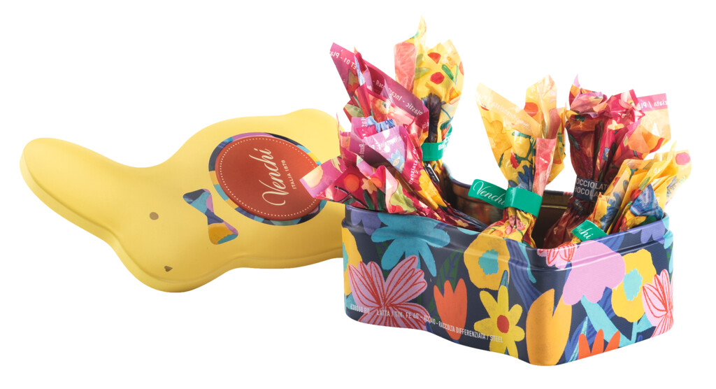 Rabbit Metal Tin, Dark and White Chocolate Eggs, Hazelnuts + Nuts, Venchi - 66g - can