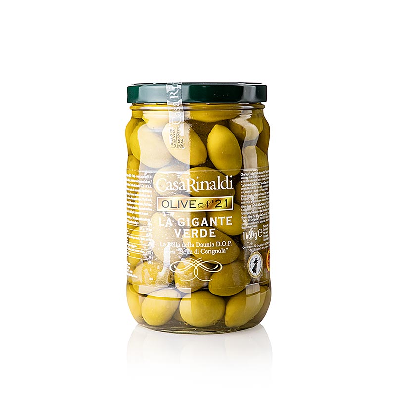 Aceitunas verdes Bella della Dauniag.U., con hueso, Casa Rinaldi - 1,66 kg - Vaso