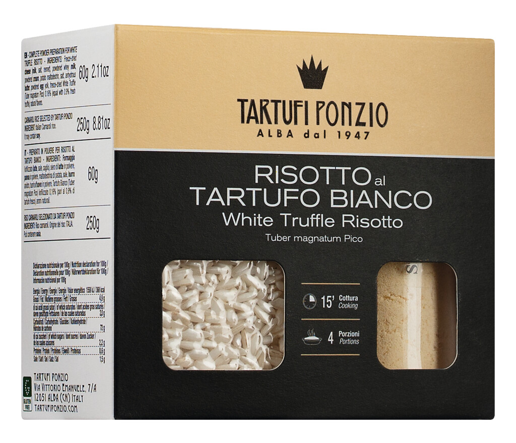 Risoto al tartufo bianco, Conjunto para preparo de arroz risoto com trufas brancas, Tartufi Ponzio - 250 g + 60 g - Vidro