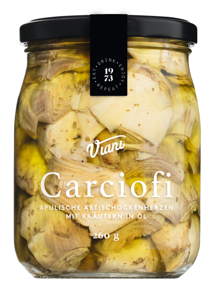 CARCIOFI - Articokini srcki z zelisci v olju, apulijske articoke z zelisci v olju, Viani - 260 g - Steklo