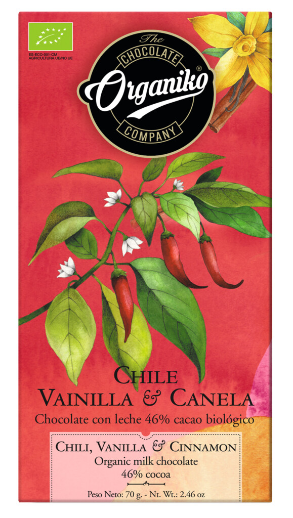 Mjolkursukkuladhi 46% kako chili - vanillu - kanil, nymjolkursukkuladhi 46% kako chili - vanillu - kanil, lifraent sukkuladhi, lifraent - 70g - Stykki