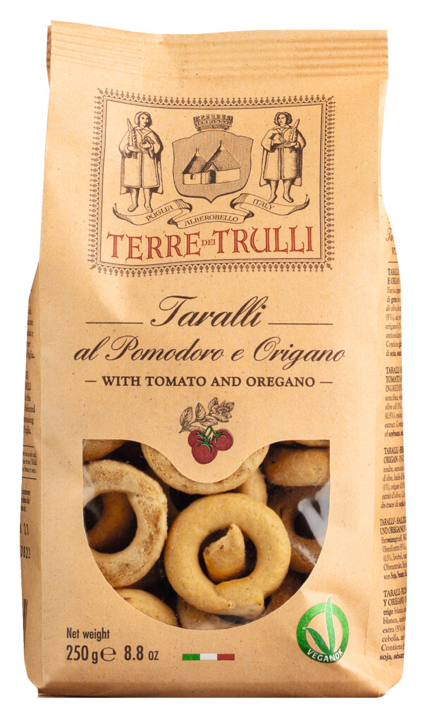 Taralli al Pomodoro e Origano, domatesli ve kekikli lezzetli biskuviler, Terre dei Trulli - 250 gr - canta
