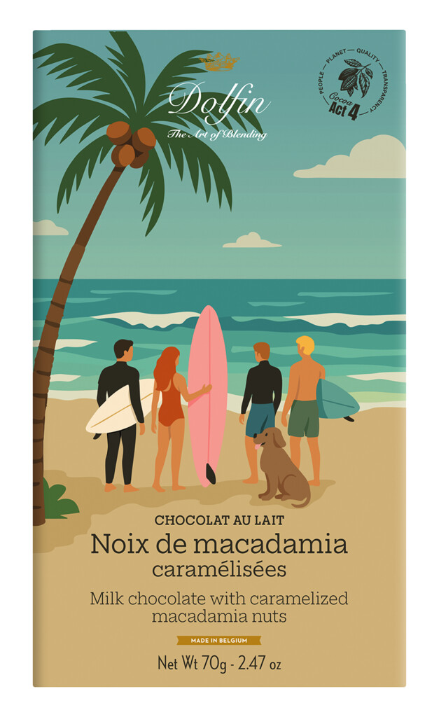 Tabletti, lait aux noix de macadamia caramelisees, kesa, kesapainos, taysmaitosiideri. karamelli. Macadamia, Dolfiini - 70 grammaa - Pala