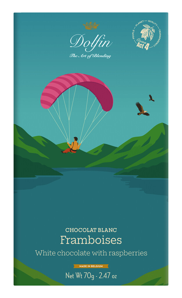 Tablette, Chocolat blanc et framboise, Ete, Edition d`ete, Chocolat blanc a la framboise, Dolfin - 70 g - Morceau