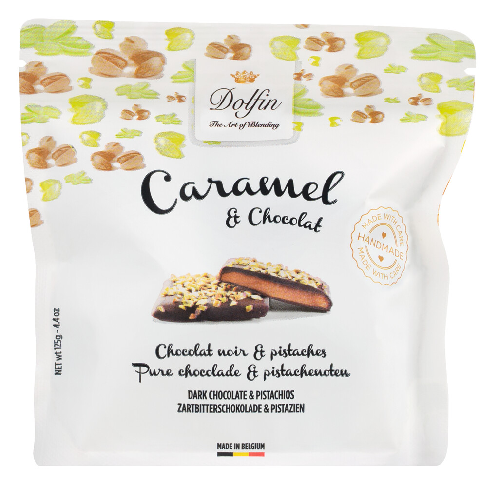 Caramel si fistic cu ciocolata, Caramel cu unt sarat si fistic prajit, Dolfin - 125 g - ambalaj