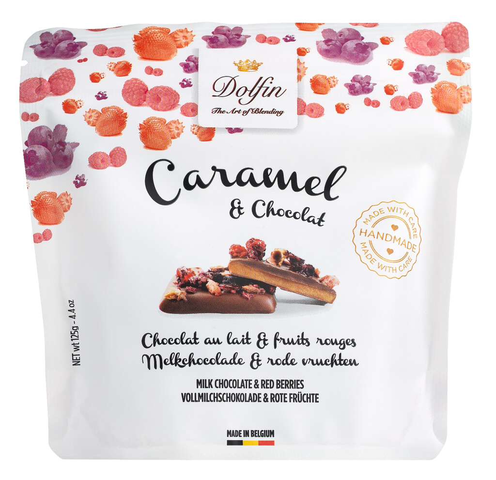 Caramel and chocolate with red fruit, Salted butter caramel with berries, Dolfin - 125 g - bag