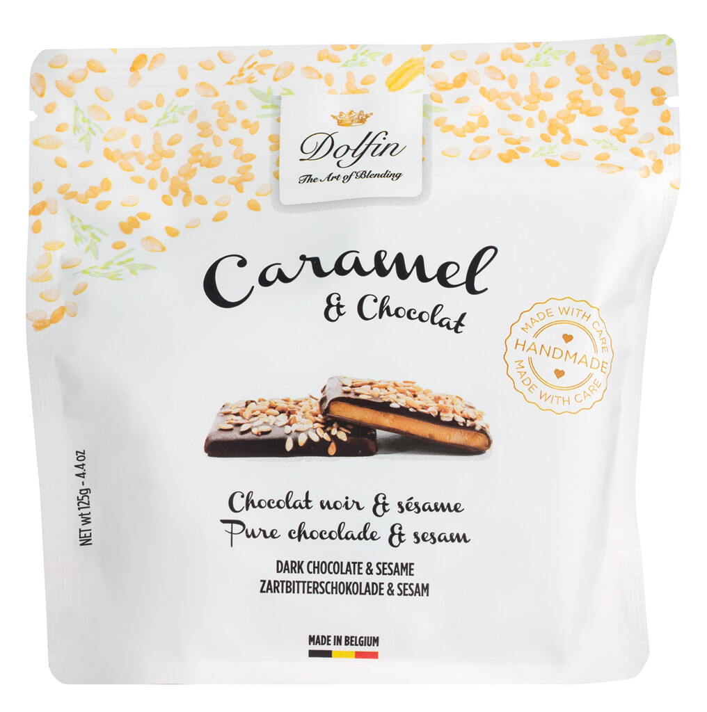 Caramel and chocolate sesame, salted butter caramel with dark chocolate and sesame, Dolfin - 125 g - pack