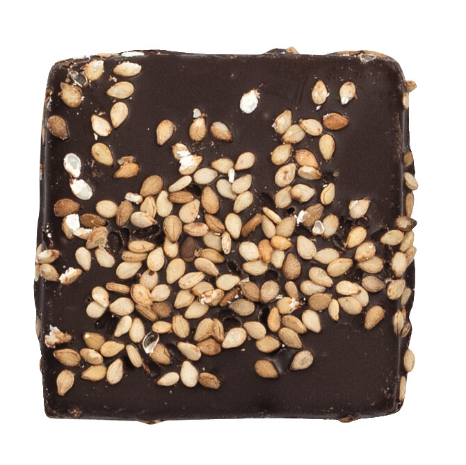 Karamel en chocolade met sesam, gezouten boterkaramel met pure chocolade en sesam, Dolfin - 125 g - verpakking
