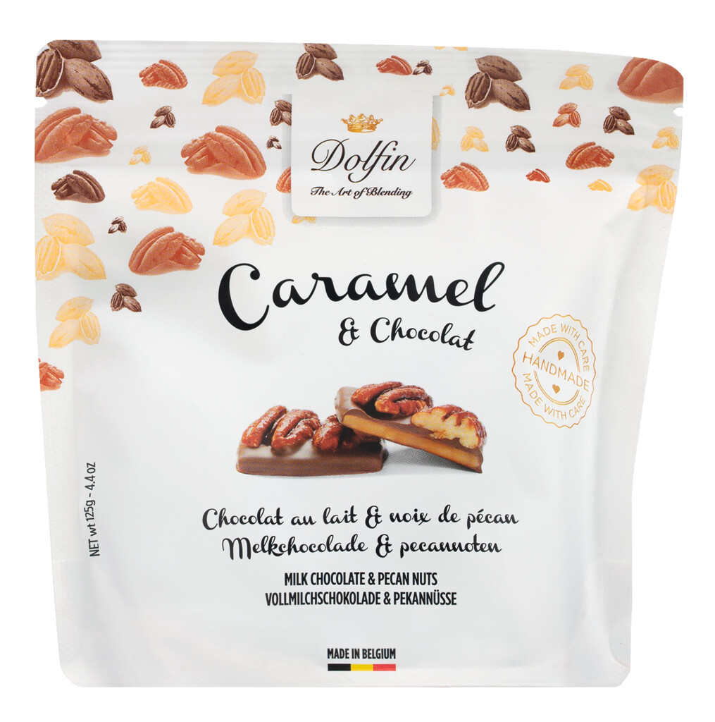 Karamel en chocolademelk met pecannoten, gezouten boter - Karamel met melk en pecannoten, Dolfin - 125 g - verpakking