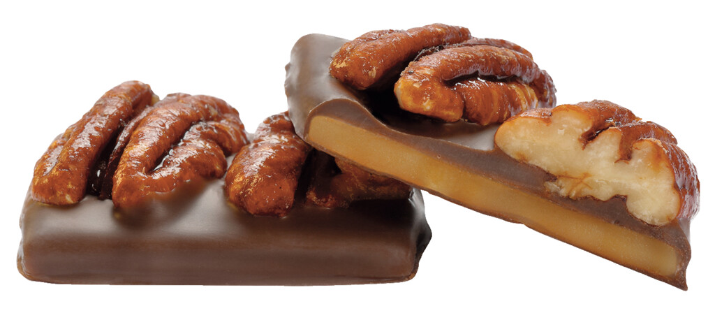 Karamel- og chokolademaelk, pecannoedder, saltet smoer - Karamel med maelk og pecannoedder, Dolfin - 125 g - pakke