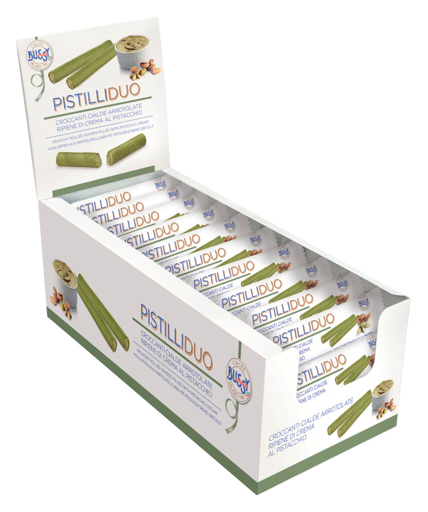 Espositore Pistilli, gerollte Waffel, gefüllt mit Pistaziencreme, Bussy - 60 x 16 g - Display