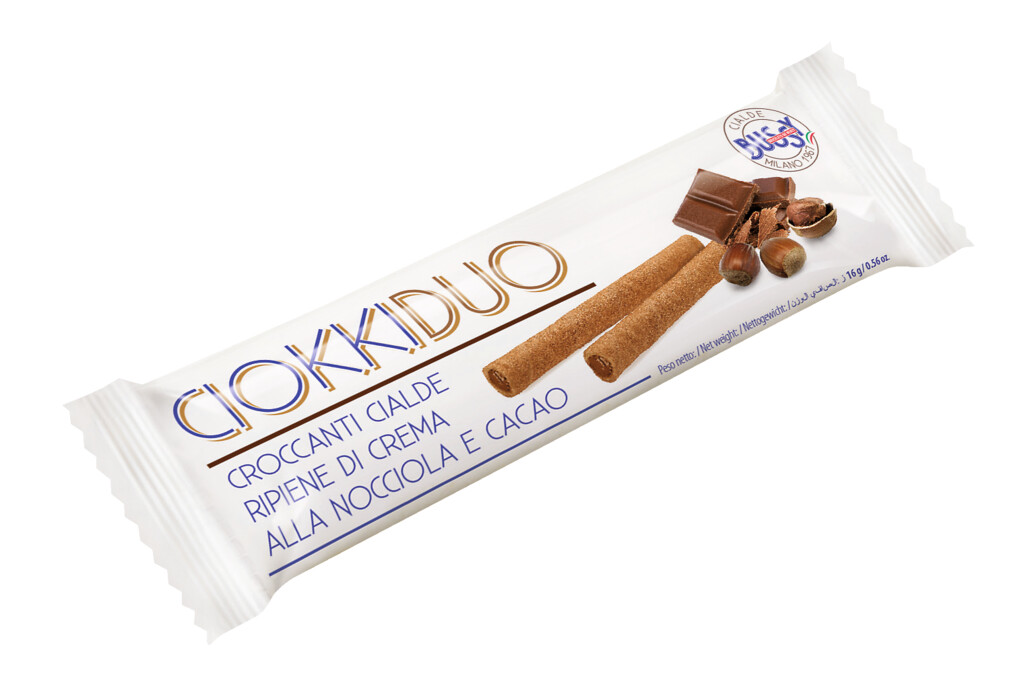 Espositore Ciokkine, gerollte Waffel, gefüllt mit Haselnusscreme, Bussy - 60 x 16 g - Display