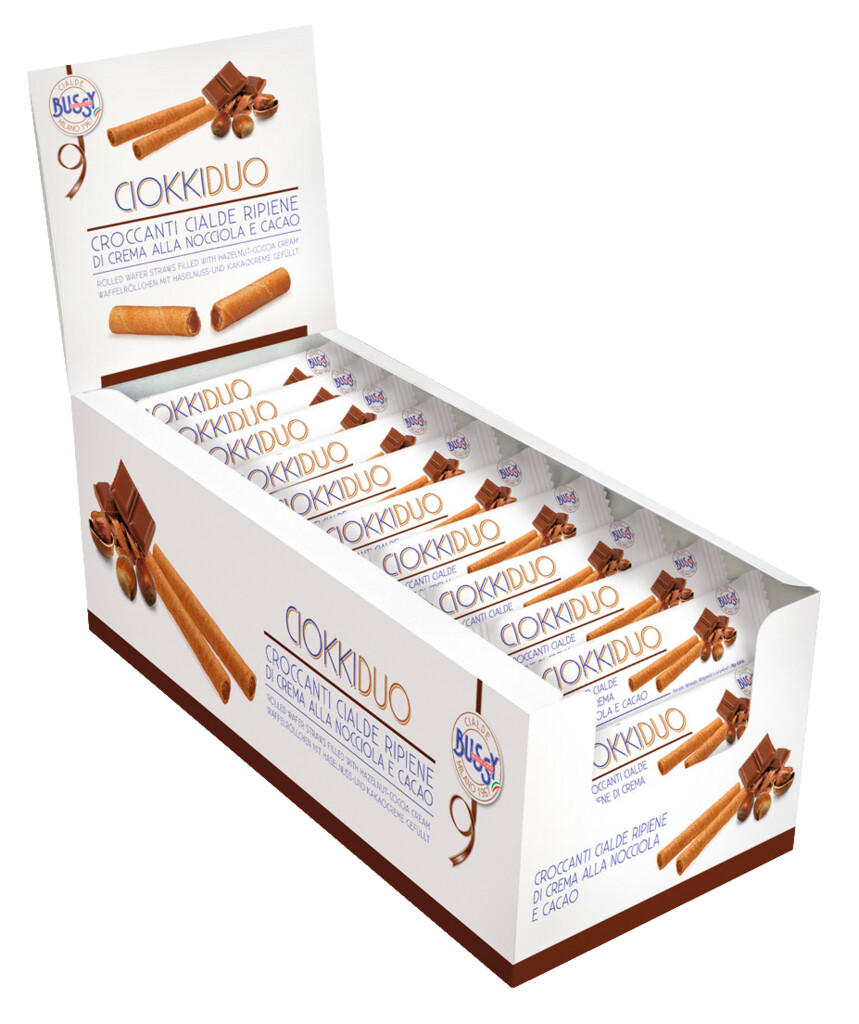 Espositore Ciokkine, wafer enrolado recheado com creme de avela, Bussy - 60 x 16 g - Mostrar