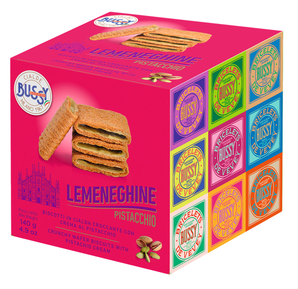 Le Meneghine Pistachio, wafer berisi krim pistachio, Bussy - 140 g - Sekeping