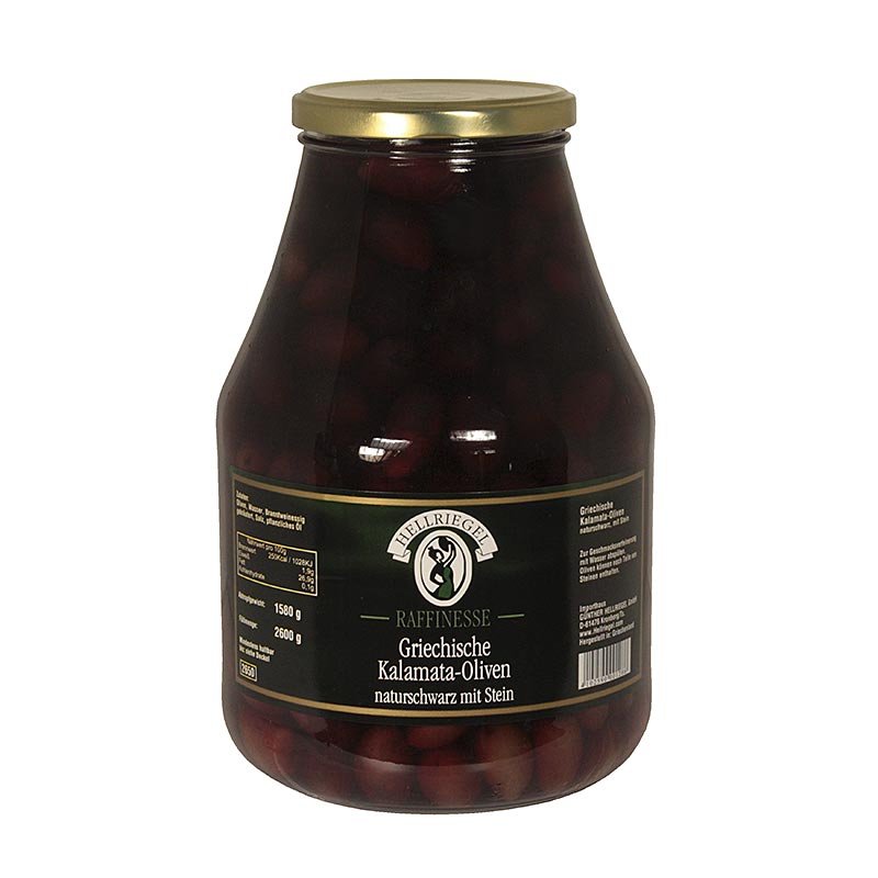 Sorte oliven, med pit, Kalamata oliven ekstra store, i Lake, Jardinelle - 2,6 kg - Glas