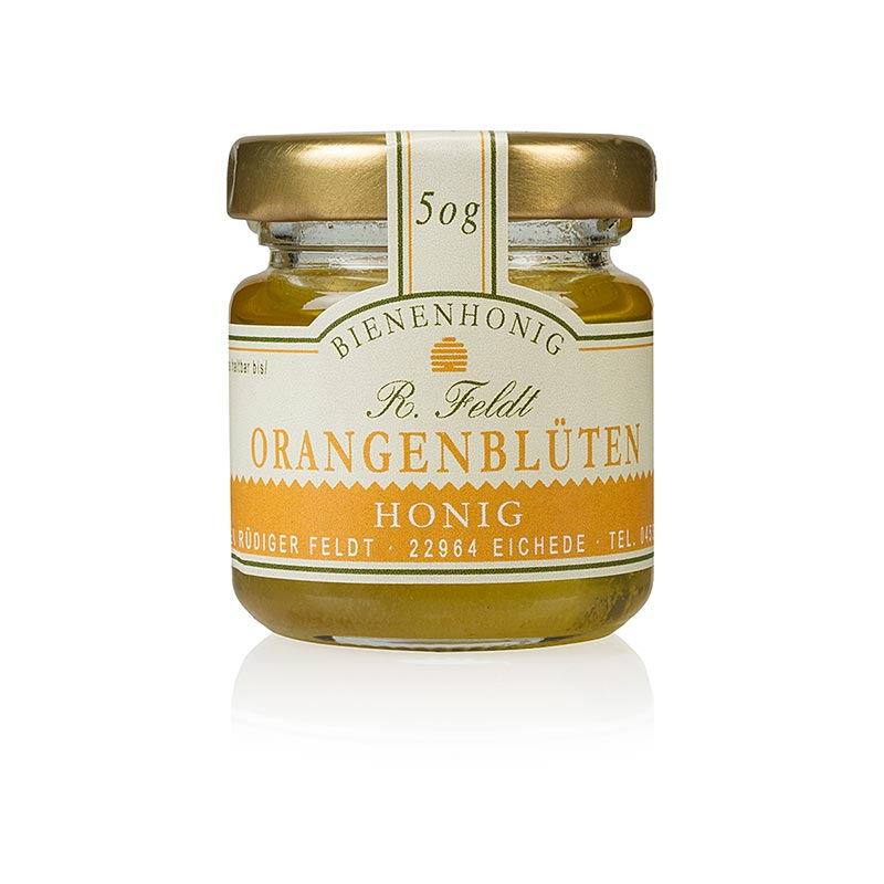 Miel de fleur d`oranger, Espagne, doré, liquide, ravissant, servant une apiculture sous verre Feldt - 50 g - verre