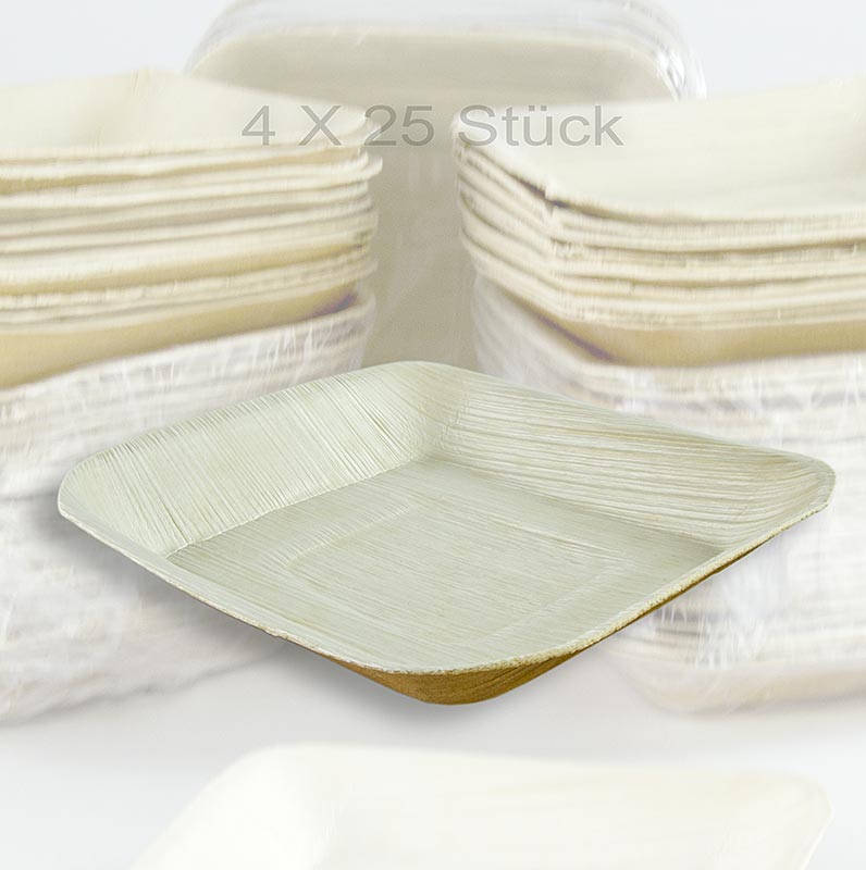 Assiette jetable en feuille de palmier, carrée, 17 x 17cm, 100% compostable - 100 St - carton